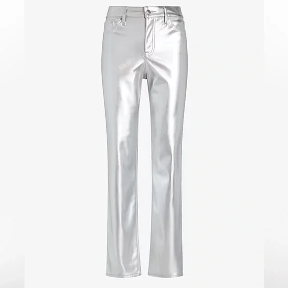 Express Silver High Waisted Metallic Faux Leather Modern Straight Pant NEW - Picture 4 of 7